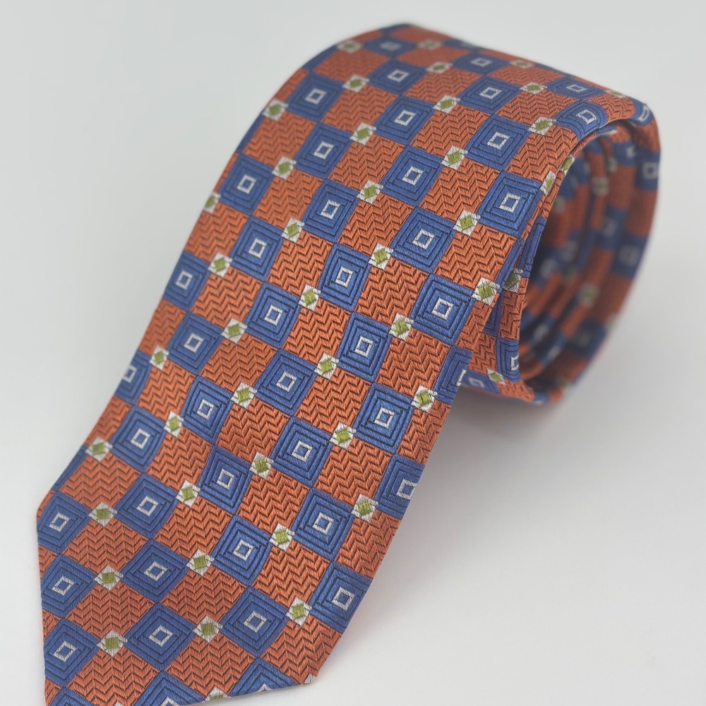 Robert Talbott best in class blue orange silk tie USA vintage 90s UF geometric
